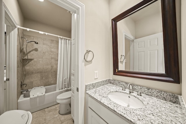 full bathroom with toilet, vanity, shower / bath combination with curtain, and tile patterned floors