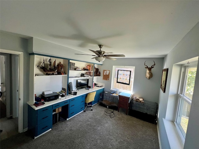 office featuring a ceiling fan and dark colored carpet