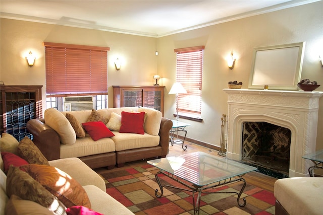 living room featuring cooling unit, hardwood / wood-style flooring, and crown molding