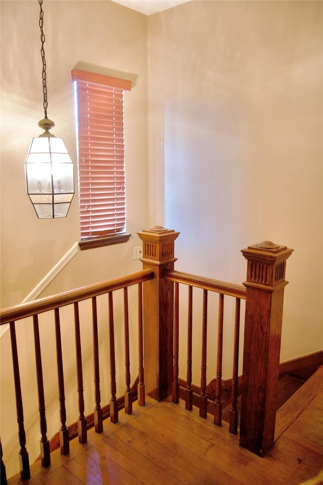 staircase with hardwood / wood-style floors