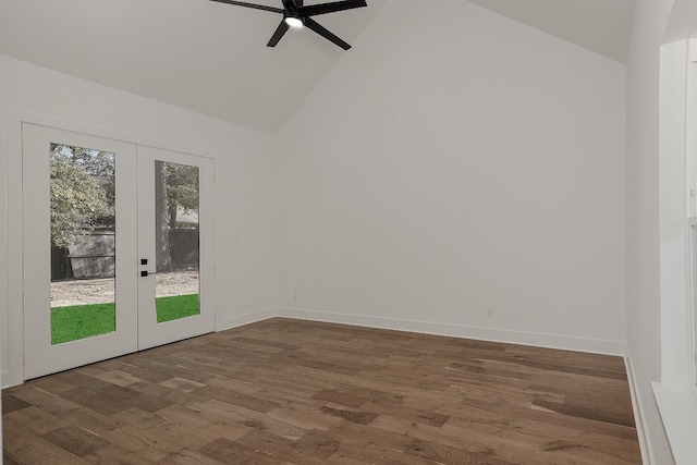 unfurnished room with french doors, high vaulted ceiling, hardwood / wood-style floors, and ceiling fan