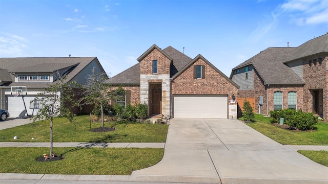 view of front of property with a front yard and a garage