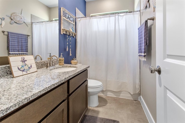 full bathroom featuring toilet, tile patterned flooring, shower / tub combo, and vanity