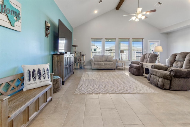 living room with high vaulted ceiling, beam ceiling, ceiling fan, and light tile patterned floors