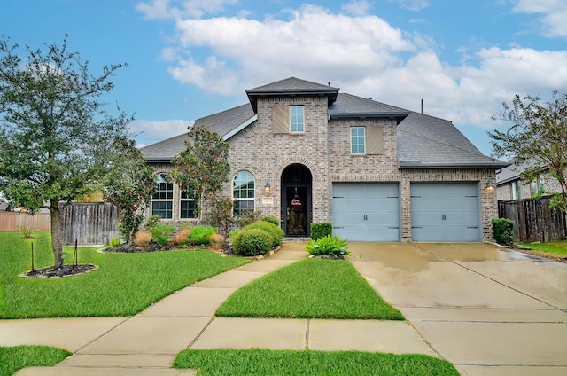 view of front facade with a front yard and a garage