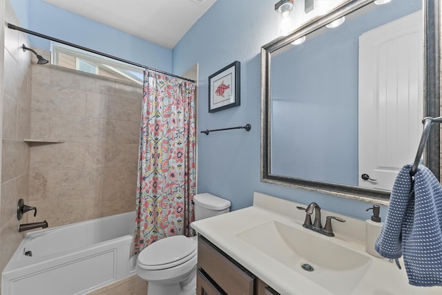 full bathroom with toilet, shower / bath combo, and vanity