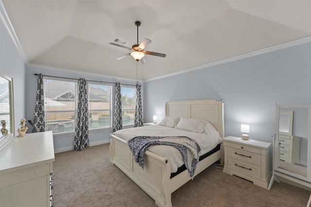 bedroom with lofted ceiling, light carpet, ceiling fan, and crown molding