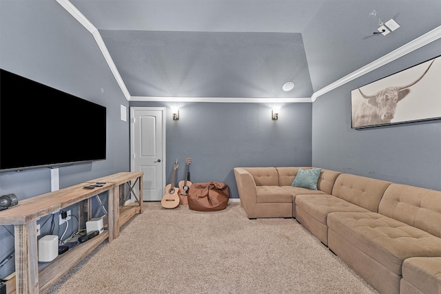 carpeted living room with lofted ceiling and ornamental molding