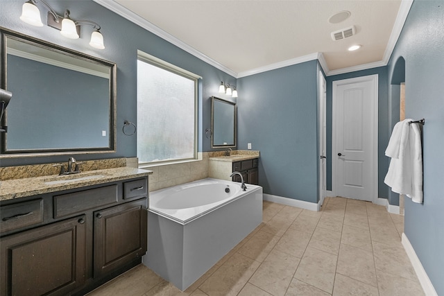 bathroom with ornamental molding, tile patterned floors, a healthy amount of sunlight, and vanity