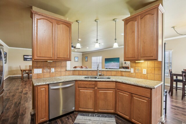 kitchen with dishwasher, hanging light fixtures, kitchen peninsula, dark hardwood / wood-style floors, and sink