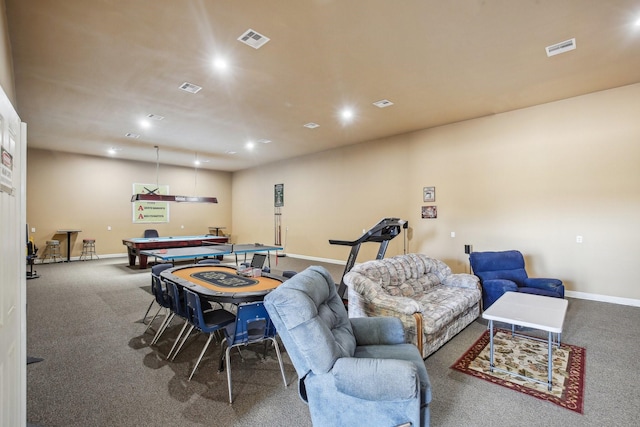 game room with pool table and carpet floors