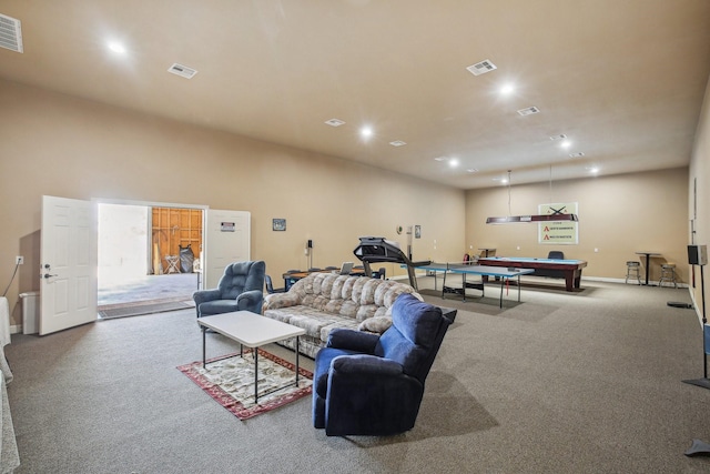 carpeted living room featuring billiards