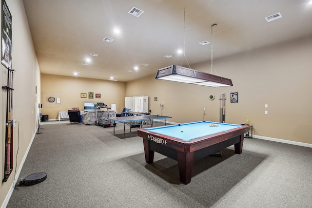 playroom featuring pool table and carpet flooring