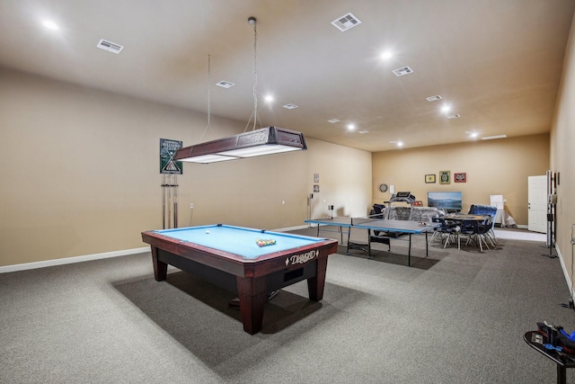 rec room with billiards and carpet