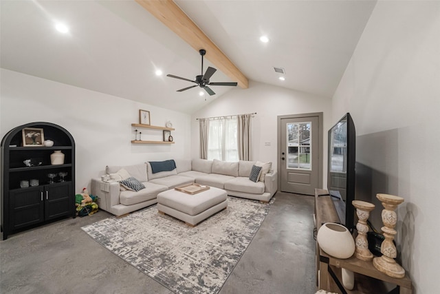 living room with lofted ceiling with beams, concrete flooring, ceiling fan, and built in features