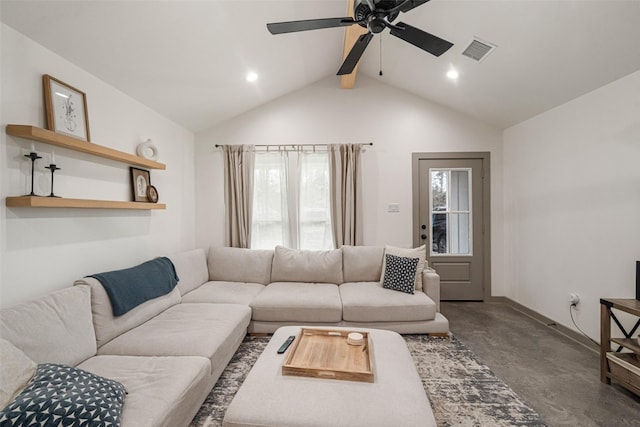 carpeted living room with ceiling fan and vaulted ceiling with beams