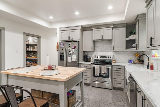 kitchen featuring sink, stainless steel appliances, butcher block countertops, and gray cabinets