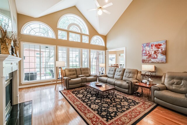 living room featuring hardwood / wood-style flooring, a wealth of natural light, and ceiling fan