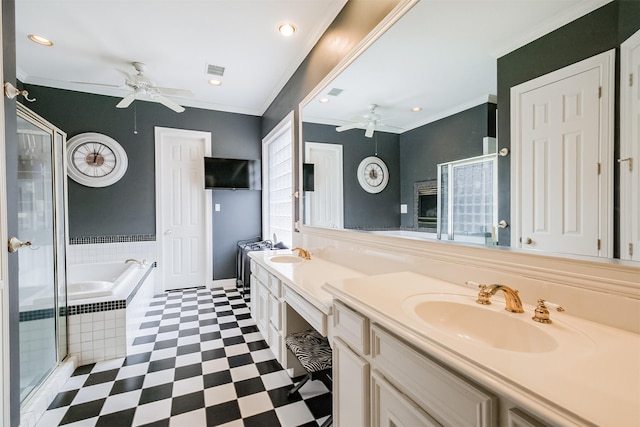 full bathroom featuring a stall shower, crown molding, and a sink