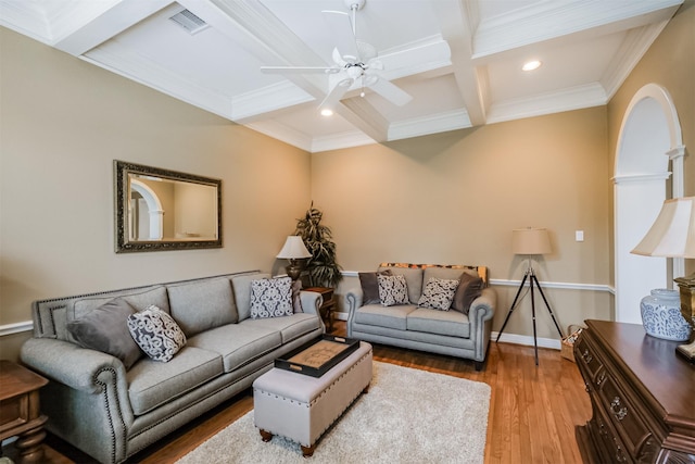 living room with visible vents, wood finished floors, coffered ceiling, beamed ceiling, and baseboards