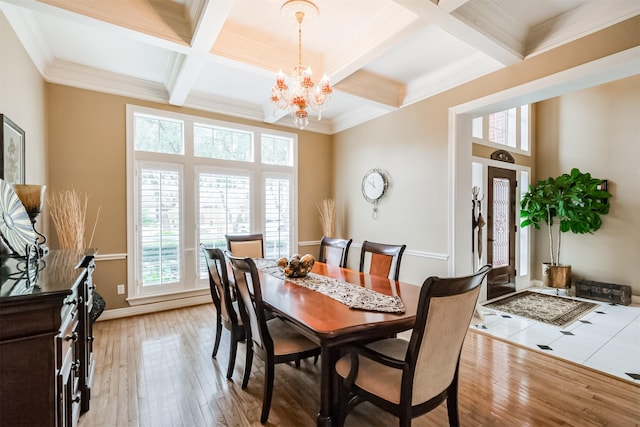 dining area featuring beamed ceiling, coffered ceiling, and light hardwood / wood-style flooring