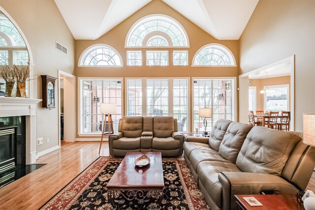 living room with high vaulted ceiling, a premium fireplace, hardwood / wood-style floors, and a wealth of natural light