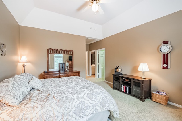 bedroom with ceiling fan, carpet flooring, and baseboards