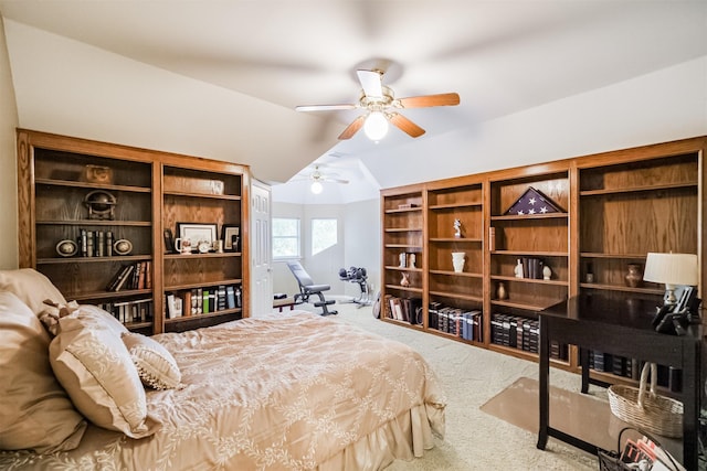 carpeted bedroom with vaulted ceiling