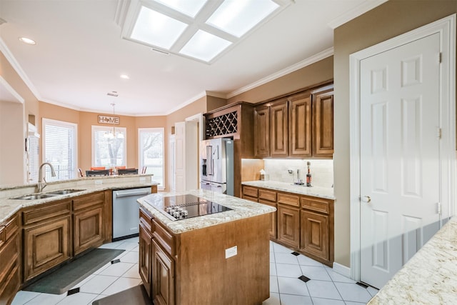 kitchen featuring stainless steel appliances, brown cabinetry, light tile patterned flooring, and a sink