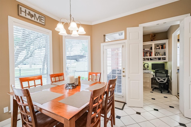 dining area with light tile patterned floors, ornamental molding, and a chandelier