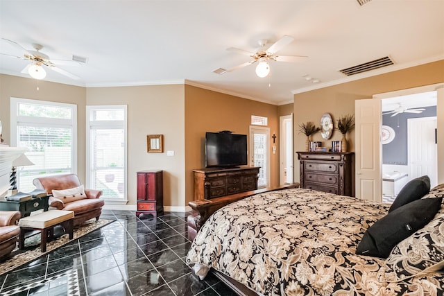 bedroom with a ceiling fan, baseboards, visible vents, and crown molding