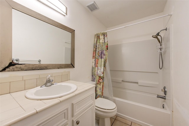 full bathroom featuring toilet, tile patterned flooring, decorative backsplash, shower / bathtub combination with curtain, and vanity