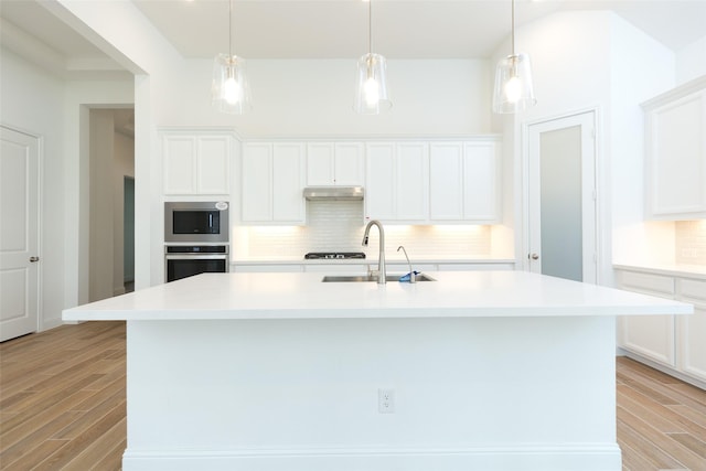 kitchen with under cabinet range hood, wood finish floors, a sink, appliances with stainless steel finishes, and tasteful backsplash