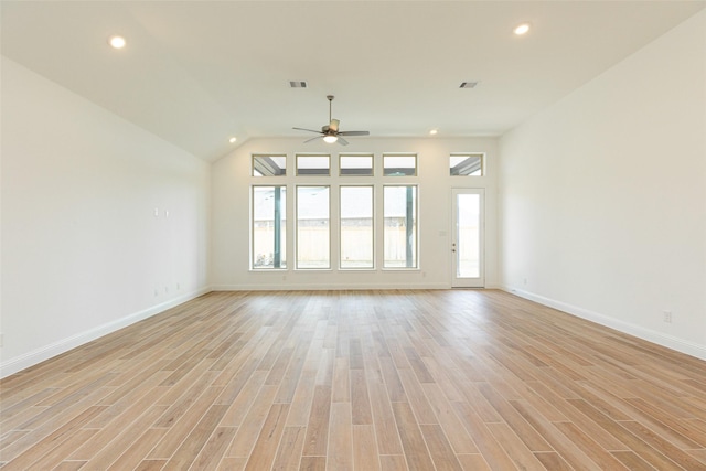 empty room featuring visible vents, baseboards, light wood-style flooring, ceiling fan, and recessed lighting