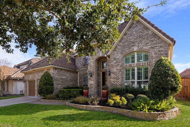 view of front of house featuring a front yard and a garage