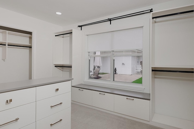 walk in closet featuring a barn door and light colored carpet