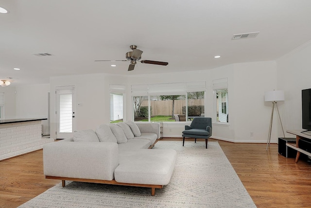 living room with crown molding, ceiling fan, and light hardwood / wood-style flooring