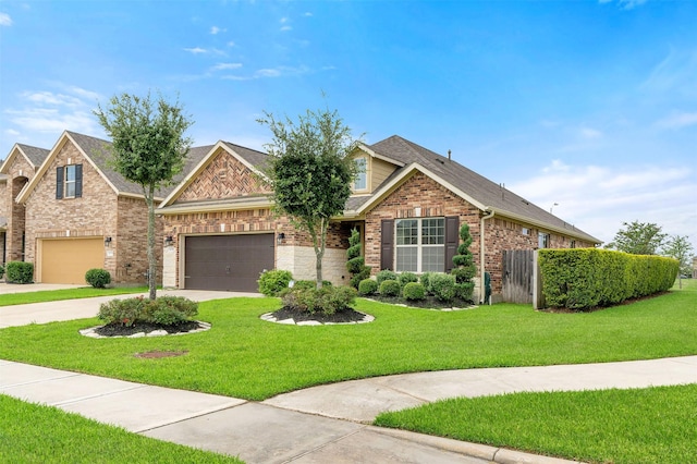 view of front of house with a front yard and a garage