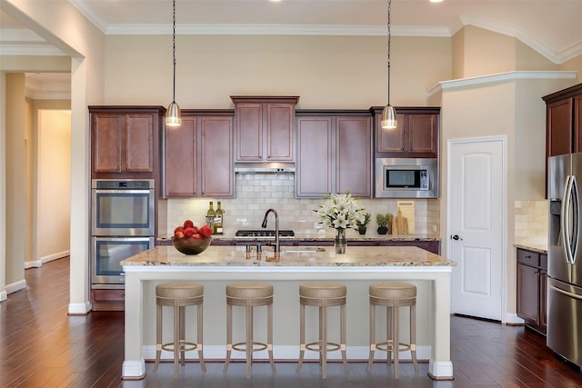 kitchen featuring decorative light fixtures, a kitchen island with sink, and appliances with stainless steel finishes