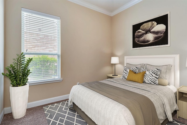 carpeted bedroom with crown molding