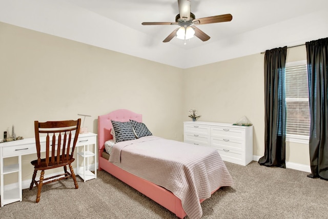 bedroom featuring ceiling fan and light colored carpet