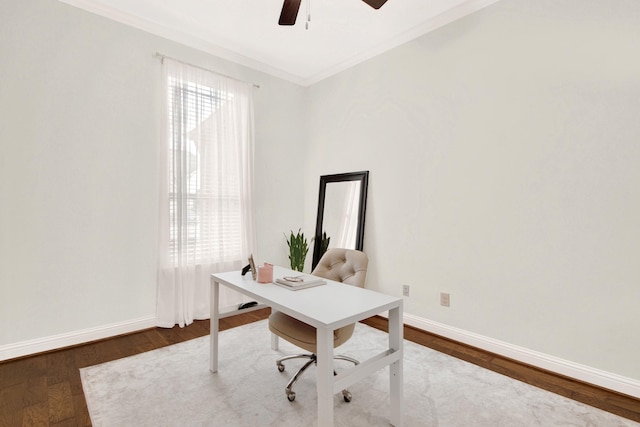 office space with ceiling fan, crown molding, and dark hardwood / wood-style flooring