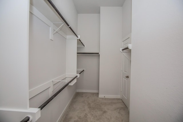 walk in closet with light carpet