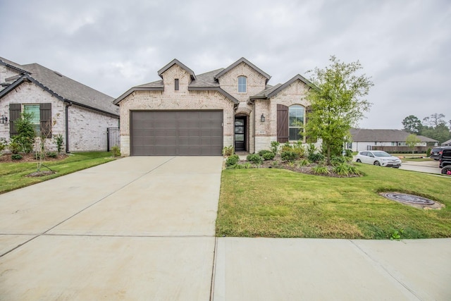 french country home with a front yard and a garage