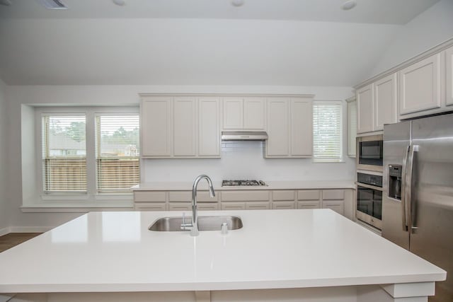 kitchen with a kitchen island with sink, appliances with stainless steel finishes, dark hardwood / wood-style floors, sink, and lofted ceiling