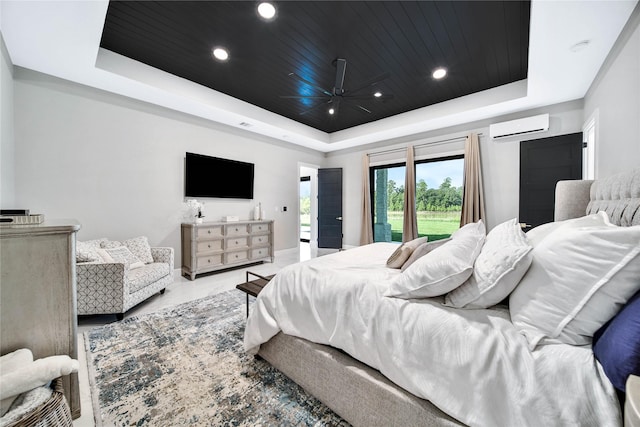 bedroom with wood ceiling, a wall mounted AC, a raised ceiling, and access to outside