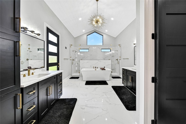 bathroom featuring vanity, vaulted ceiling, shower with separate bathtub, and a chandelier