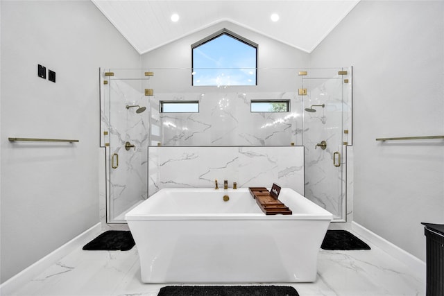 bathroom with plus walk in shower and lofted ceiling