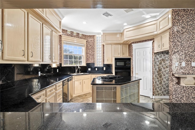 kitchen with crown molding, visible vents, decorative backsplash, a sink, and black appliances