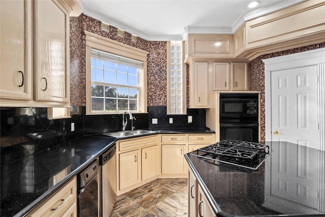 kitchen featuring crown molding, decorative backsplash, a sink, dark stone countertops, and black appliances